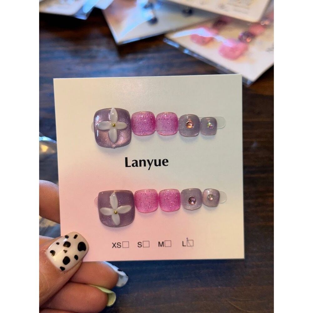 Pink & Purple 3D Flower Press On Toe Nails Size Large